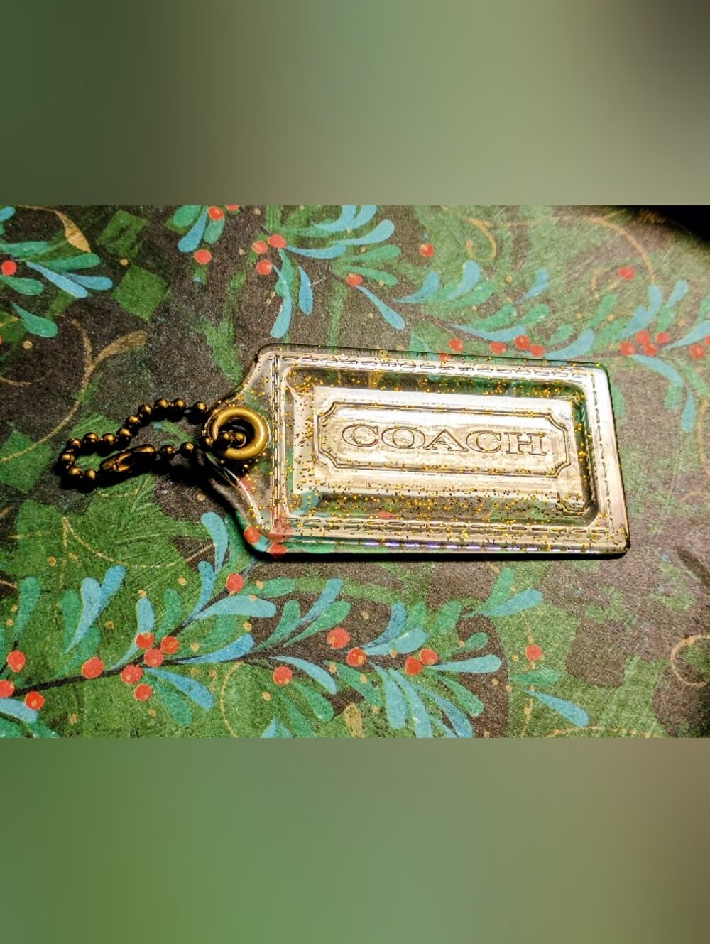 ❤️COACH 3.5" XL LARGE CLEAR GOLD METALLIC HANGTAG FOB +BALL CHAIN